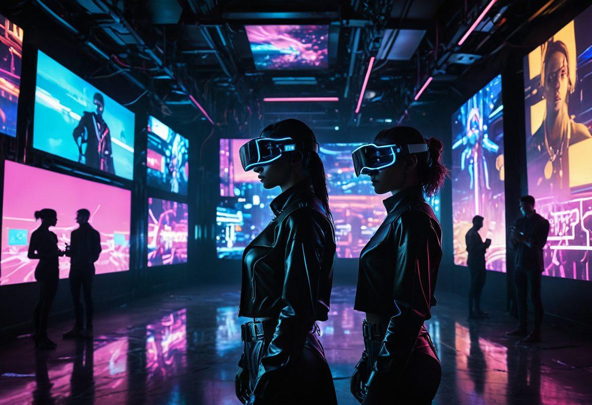 An abstract representation of a digital landscape merging technology and sensuality, featuring glowing pixels, neon lights, and silhouettes symbolizing connection and intimacy. Include elements like virtual reality headsets and digital screens displaying adult-themed art, blending the boundaries between desire and innovation. The scene should evoke a sense of intrigue and curiosity about the future of adult media. vibrant colors. cyberpunk.