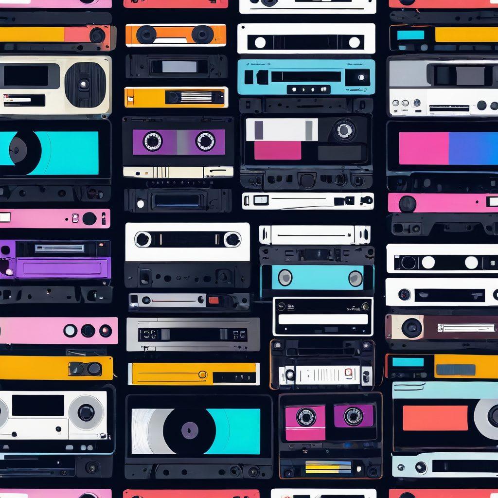 An abstract representation of the evolution of adult video streaming, featuring vintage VHS tapes transforming into sleek digital screens. Incorporate symbols of popular streaming platforms and icons representing trends like VR and mobile usage. Use vibrant colors to evoke a sense of modernity while hinting at nostalgia. Artistic elements should blend technology and sensuality in a tasteful manner. digital art. vibrant colors. 3D.